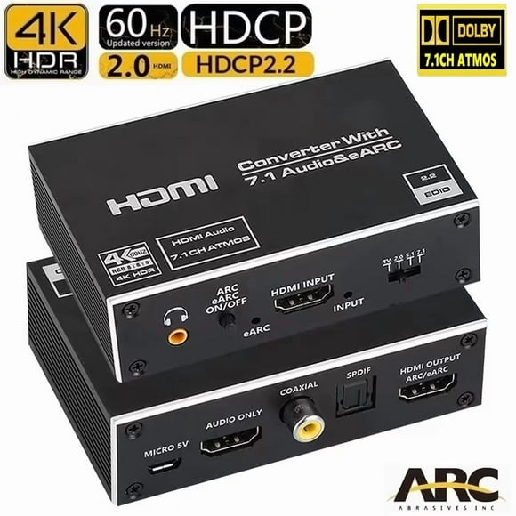 eARC HDMI Audio Extractor Converter 4K@60Hz,HDMI 2.0 to HDMI Audio Extractor Switch 18Gbps with 7.1CH Atmos/eARC/ARC/Toslink/Coaxial/ 3.5mm Audio Out HDCP 2.2 DTS HDR