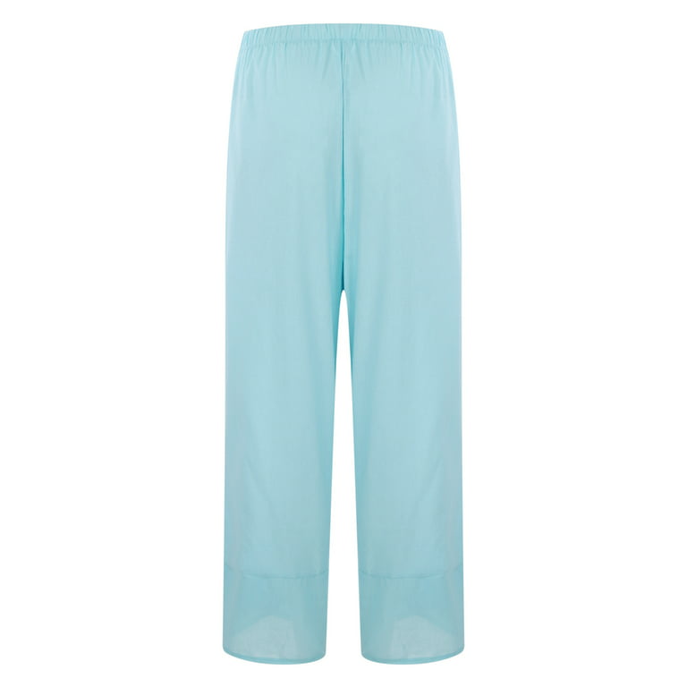 Womens Linen Pants,Elastic Casual Capri Pants Summer Flower
