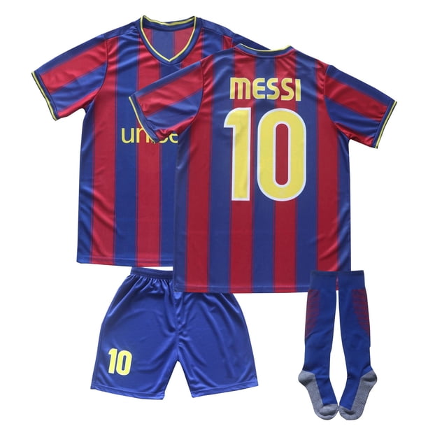KEVCHE 0910 FC Barcelona Jersey Soccer 3 Piezas Sets, Niños Futbol MESSI Jersey Number #10 Playera Printed Soccer Jerseys Shorts Socks Set, Camp Nou Jersey de MESSI Barcelona para Niños, #10/24