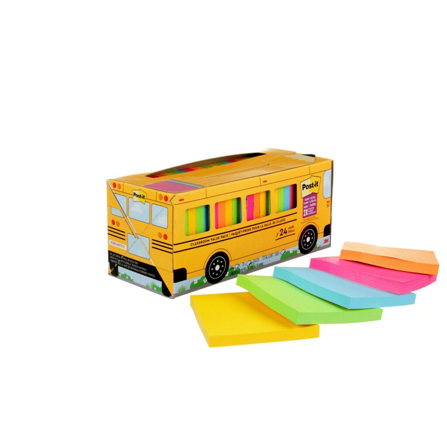 Feuillets super collants Post-it® 654-24SSBUS, paquet-prime pour la salle de classe, 3 po x 3 po (76 mm x 76 mm), 24 blocs/paquet, 70 feuillets/bloc