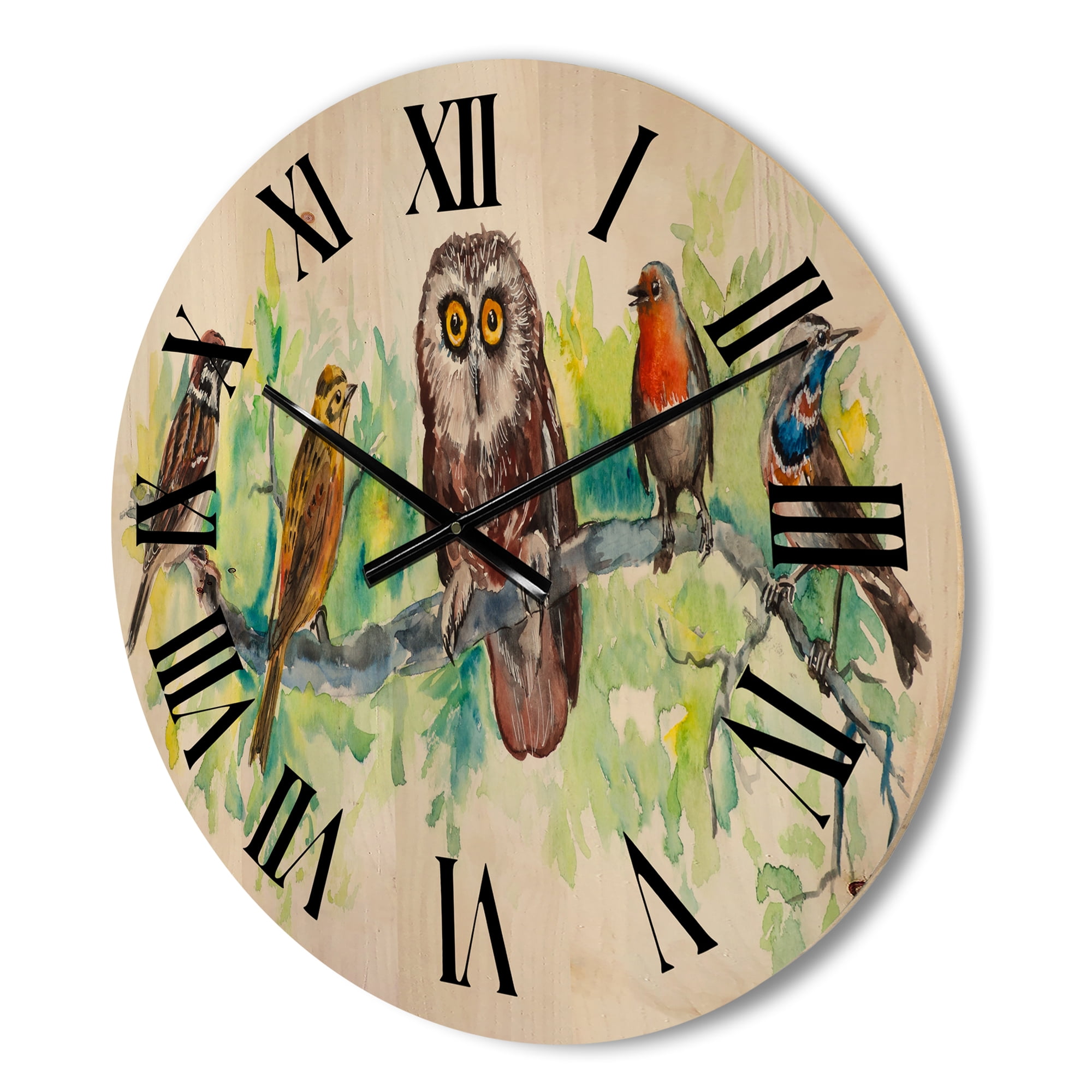 Designart 'Bird Friends With Owl On A Branch' Traditional Wood Wall Clock