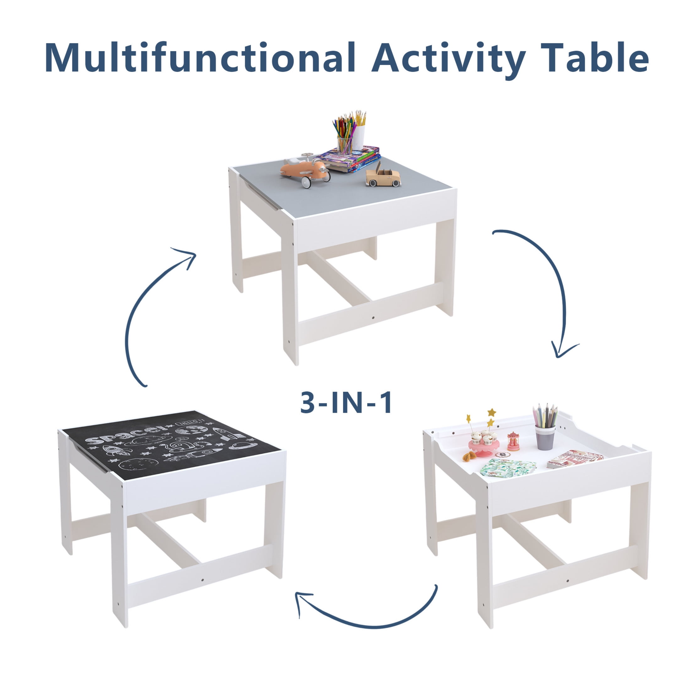 Noble House 3-in-1 Kids Wooden Activity Table and 2 Chairs Set, Reversible Blackboard Top with Storage Drawer, White