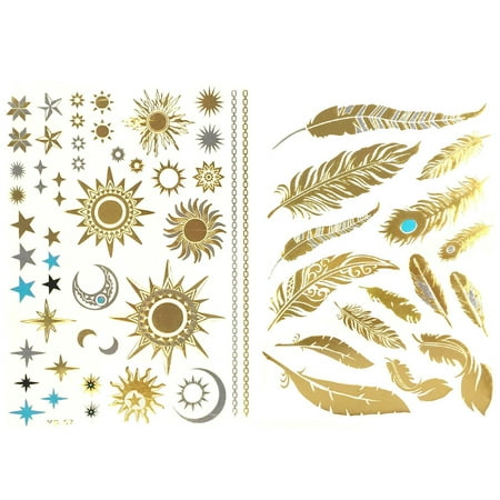 ALLYDREW Large Metallic Gold Silver & Black Body Art Temporary Tattoos - Feathers, Sun, Moon &