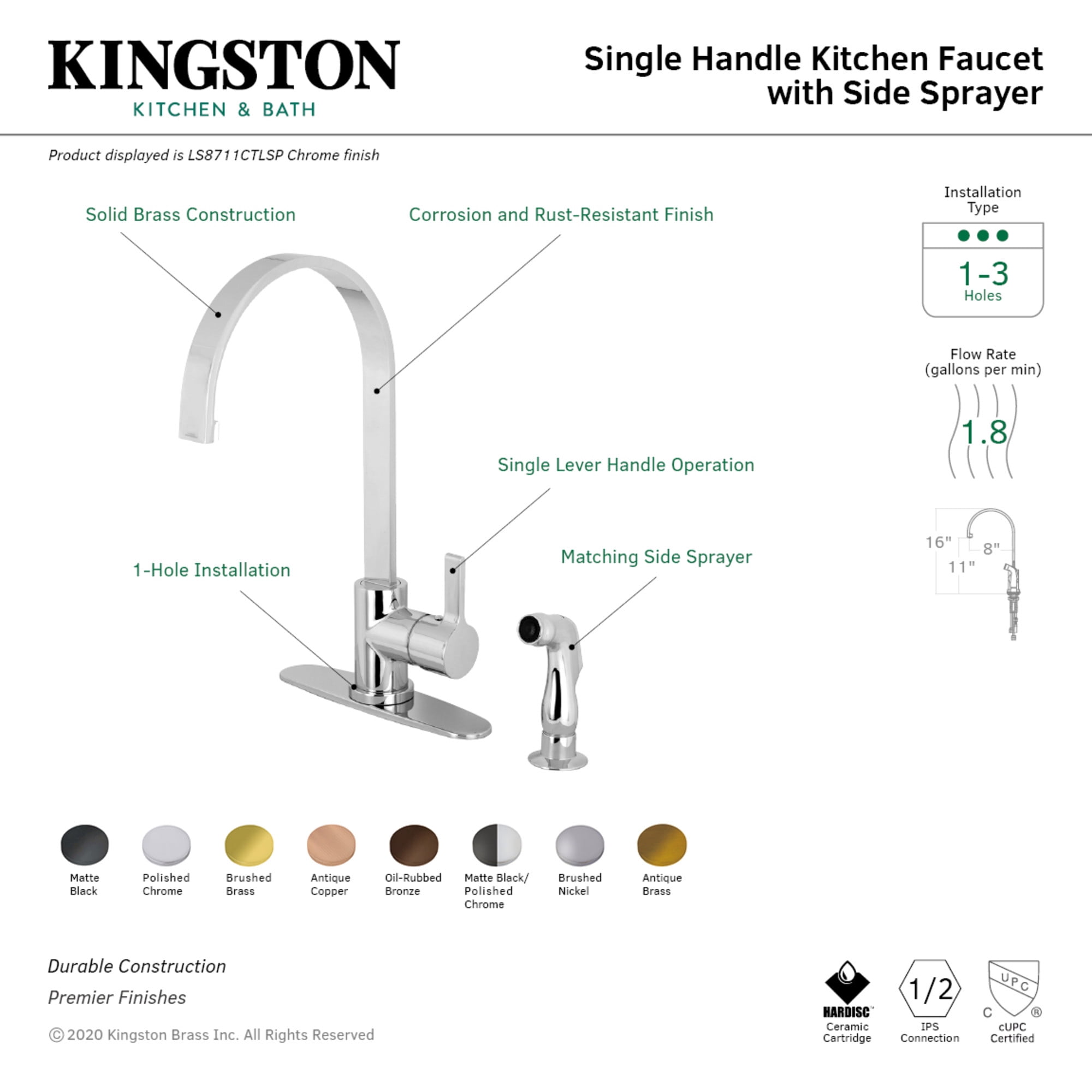 Gourmetier LS8713CTLSP Continental Single-Handle Kitchen Faucet with Side Sprayer, Brushed Brass