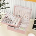 thumbnail image 6 of Jewelry Organizer，Large 2 Layer Jewelry Storage Case, PU Leather Jewelry Boxes with Removable Tray&Lock for Women and Girls Rings Earrings Necklace Bracelets Watches, Pink, 6 of 7