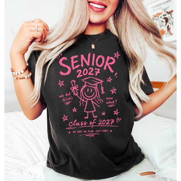 Senior 2027 Shirt Class of 2027 Graduation Tshirt Senior Year Doodle Tee Coquette Bow Grad