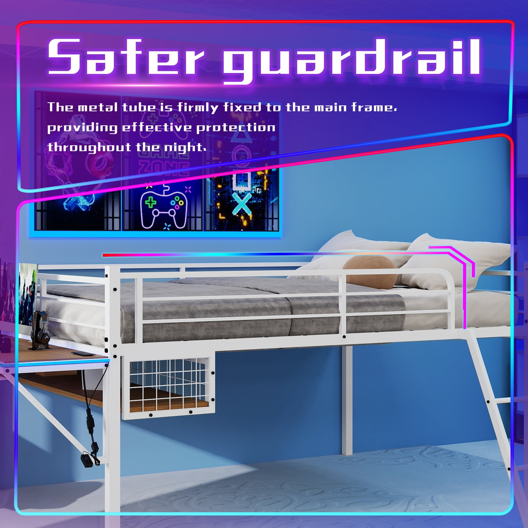 Alvantor Loft Bed Full Size with Desk & LED Strip, Metal Bed Frame with Inclined Ladder for Kids/Teens, No Box Spring Needed White