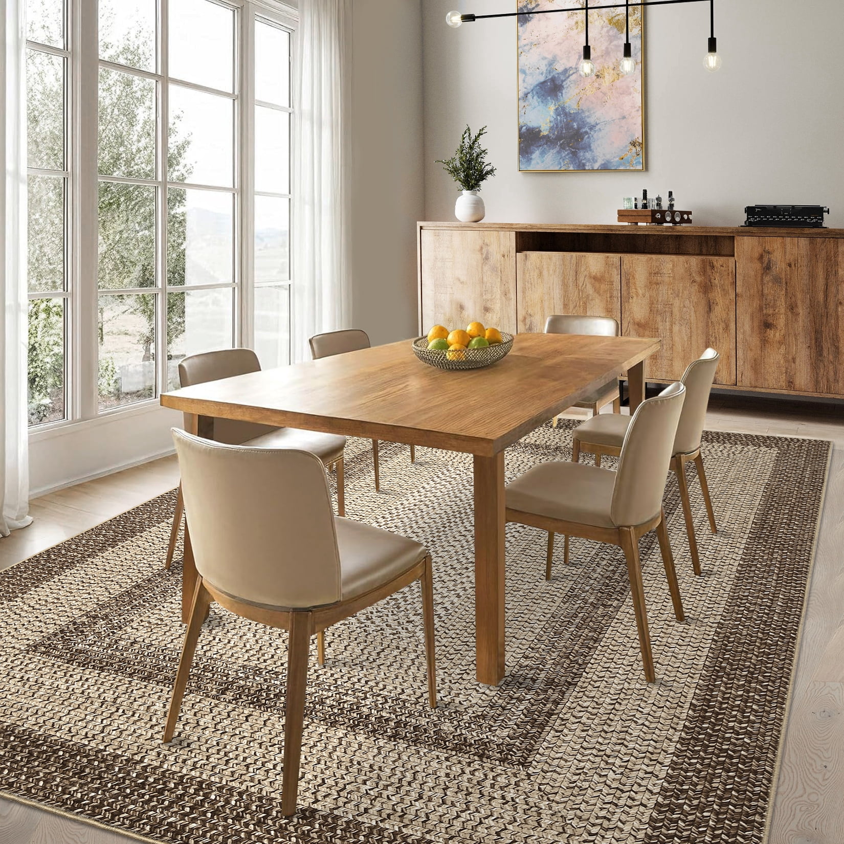 Garvee 9'x12' Printed Braided Rugs Farmhouse Bordered Carpet, Machine Washable Indoor Area Rug Non-Slip Low Pile Rugs for Living Room Bedroom Home Decor, Natural