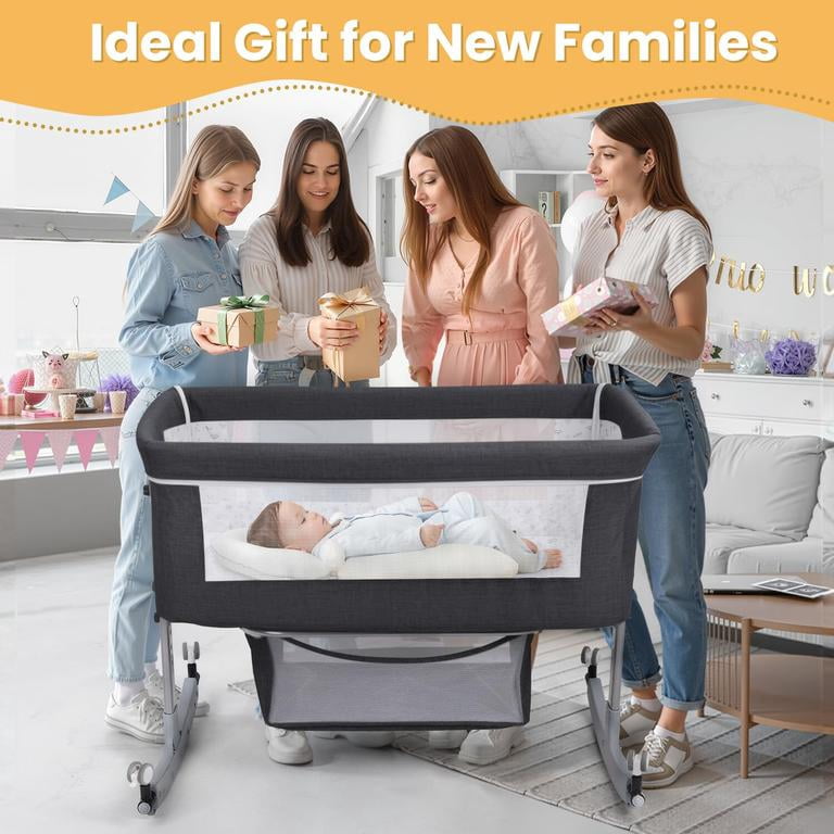 Dapmiu 4-in-1 Convertible Baby Crib, Bedside Sleeper with Changing Table, 6-Level Height Adjustable, Rocking Crib, Silent Wheels, Storage Basket, Mosquito Net, for Newborn to 24 Months,pink
