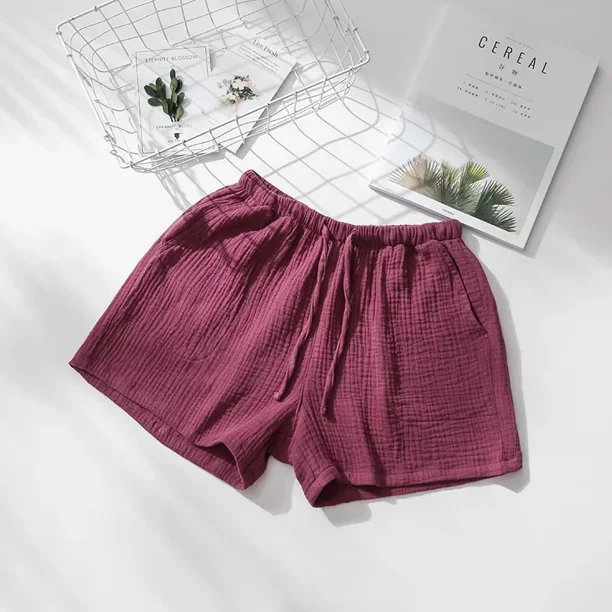 Pantalones para dormir de pareja de verano, ropa de dormir de crepé de algodón para hombres y mujeres, pantalones cortos de pijama, pantalones cortos para dormir con cintura elástica