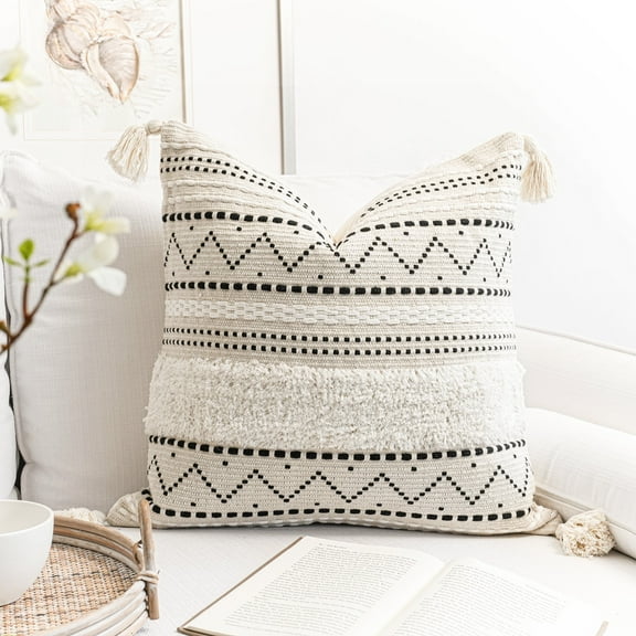 BlissBlush Decorative Throw Pillow Cover 20x20 Combo Set of 2 Square Boho Black Neutral Accent Pillowcase Tassels Farmhouse Cushion for Couch Sofa Bedroom Living Room Home Décor Cover ONLY