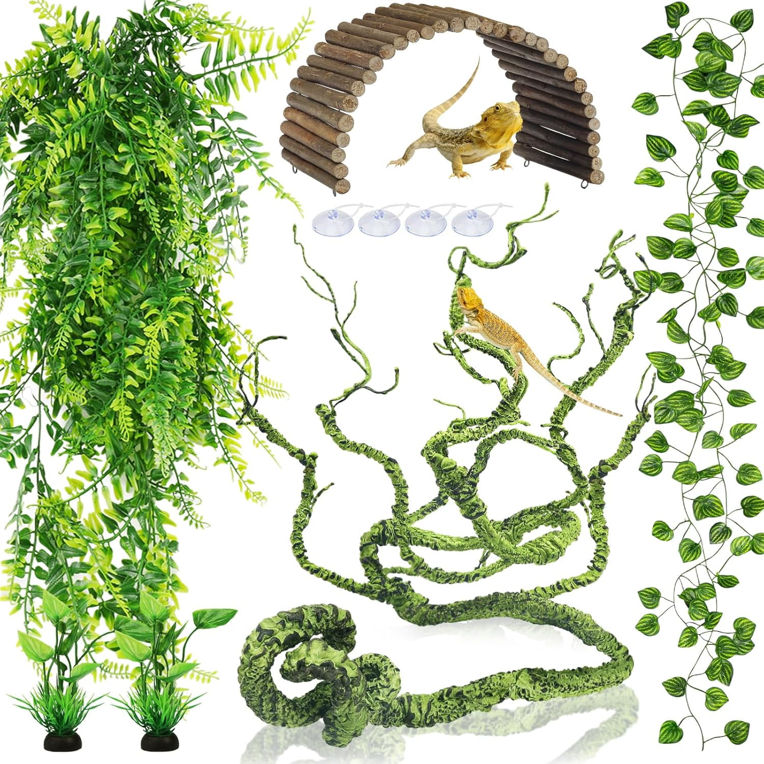 Bearded Dragon Tank Accessories Terrarium Hanging Plant Vines Artificial Leaves Reptile Hide Bridge Jungle Climber for Snakes Chameleon Gecko Lizard