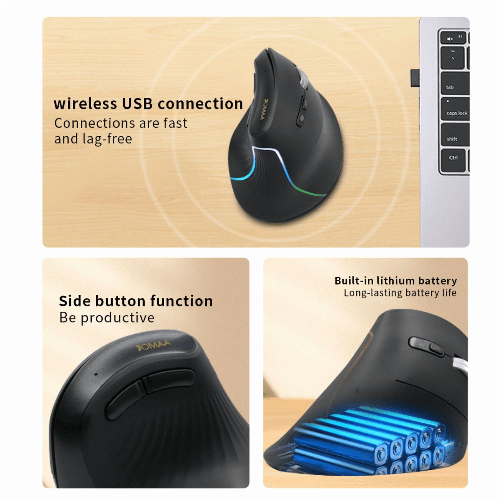 JOMAA Right Hand RGB Backlit Vertical Wireless Mouse for Computer Laptop Bluetooth Ecrognomic Mice Slinet Click