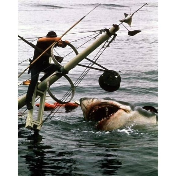 Jaws Roy Scheider on sinking Orca mast with shark circling below 24x30 inch poster