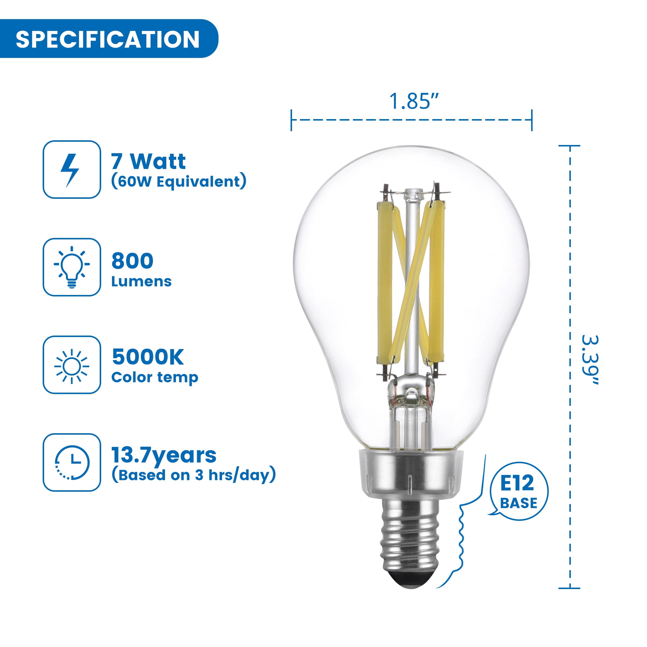Great Value LED Ceiling Fan Bulb, 7-Watt (60W Eqv.) A15 Shape E12 Base Daylight, 2 Pack