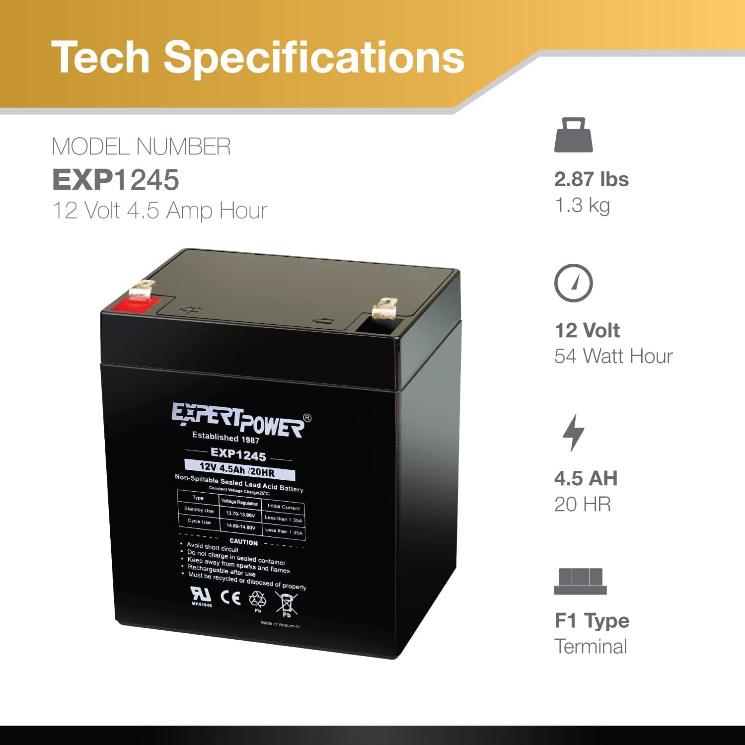 EXP1245-12V 4.5Ah Rechargeable SLA Battery for Security System, UPS, Garage Door Opener Replacement, Fire Alarm Batteries, Sealed Lead Acid, 12V Backup