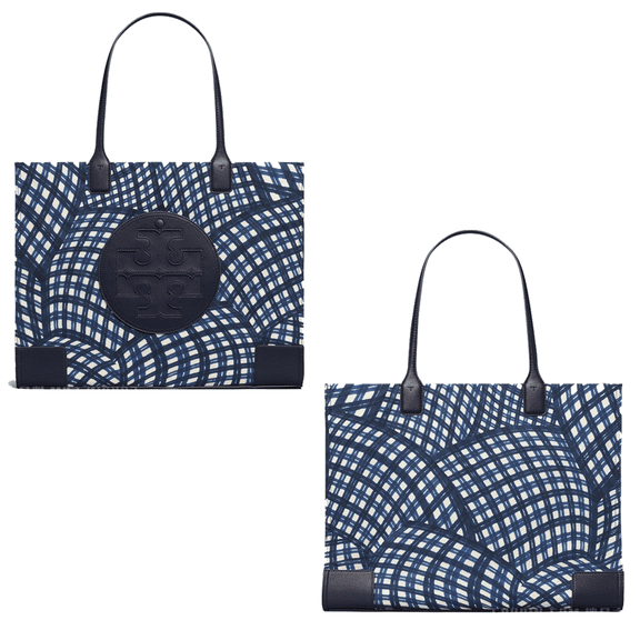 Tory Burch Ella Printed Tote Bag Handbag Navy Warped Gingham Nylon Leather New