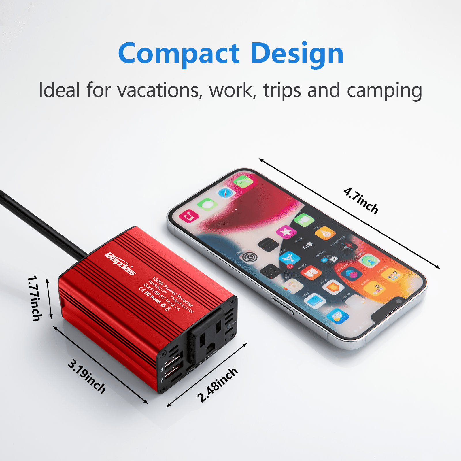 Bapdas 150 Watts Car Power Inverter DC 12V to 110V AC Car Adapter with 3.1A Dual USB Car Converter Red
