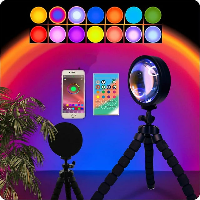Proyector de luz de puesta de sol de 16 colores Rotación de 360 grados Luz de proyector de arco iris que cambia de color Luz LED de visión romántica con trípode Lámpara de pie de puesta de sol Ph