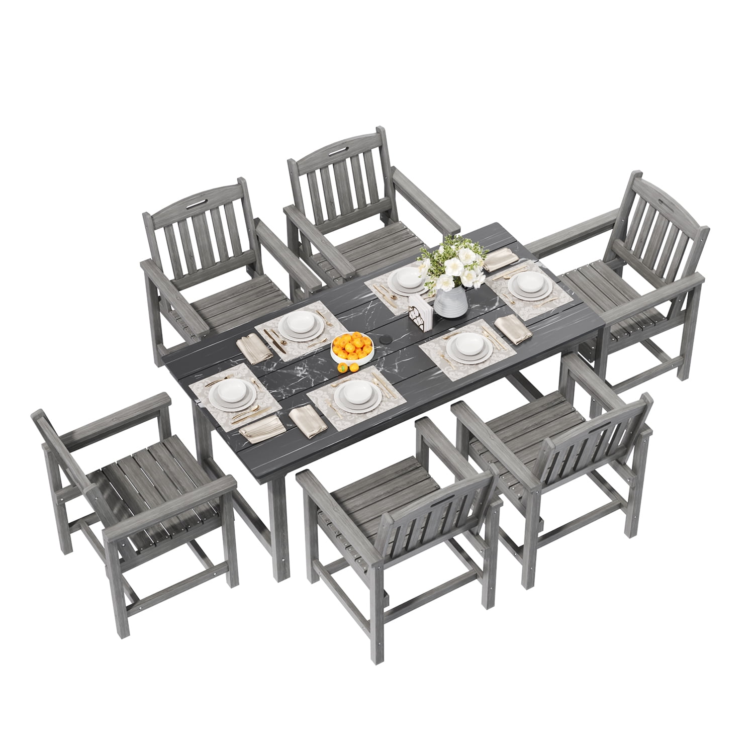 Erinnyees 7-Piece HDPE Outdoor Dining Set, 66.9" Marble Texture Patio Table with Umbrella Hole, and 6 All-Weather Chairs for Yard Deck Porch, Gray