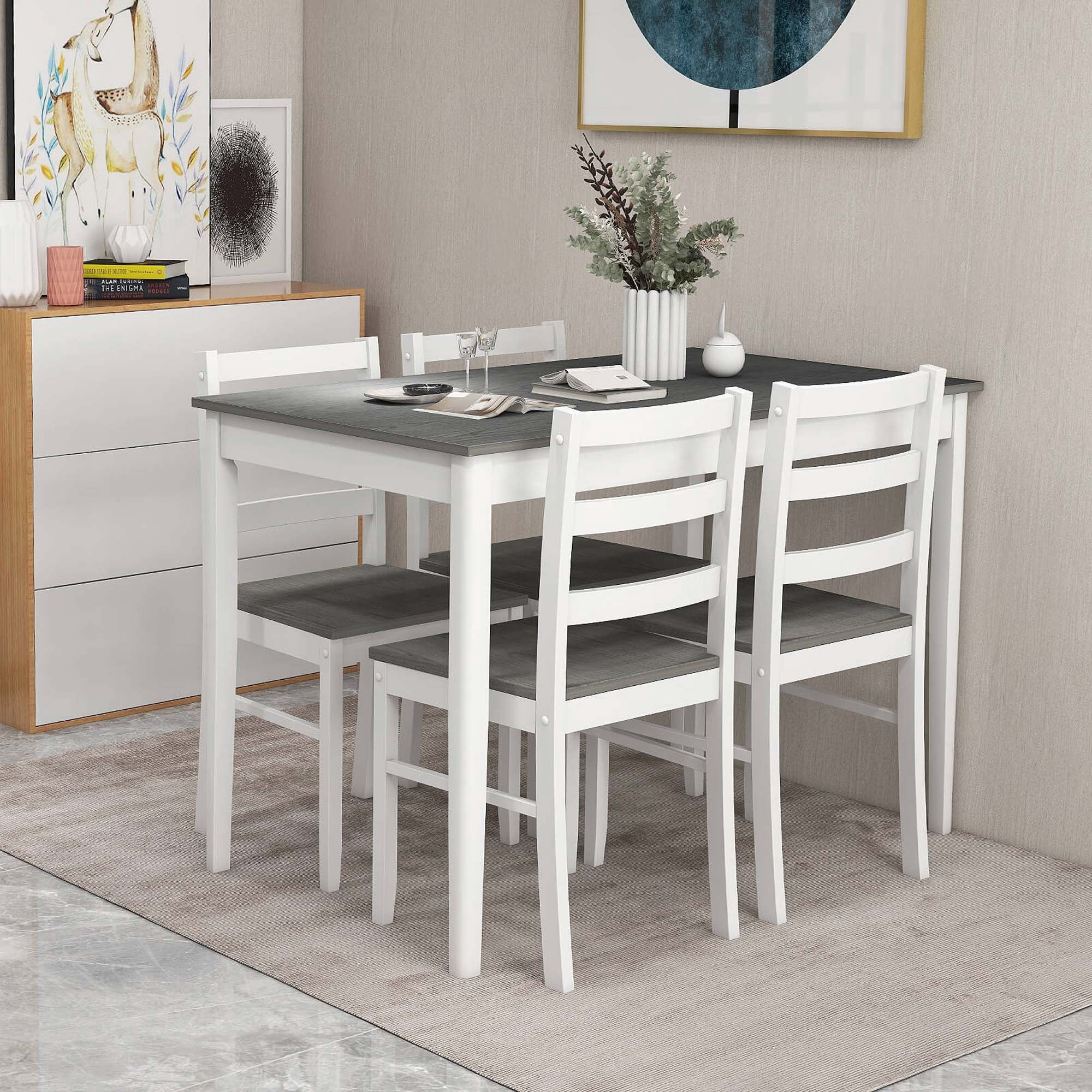 Costway 5-Piece Dining Set Solid Wood Kitchen Furniture with Rectangular Table & 4 Chairs Grey