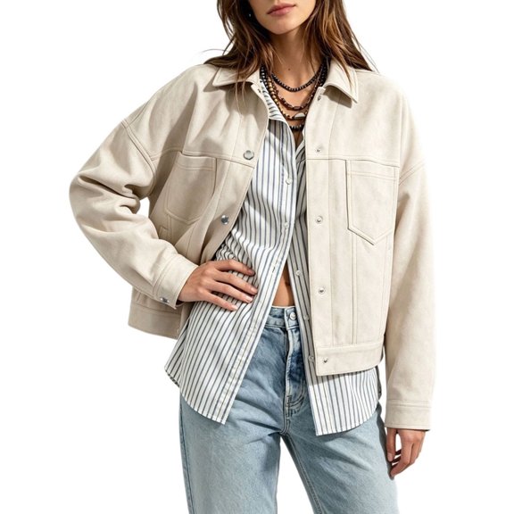 vdgthytj Jackets for Women Snap Button Lapel Collar Long Sleeve Cropped Fashion Fall Casual Outerwear with Chest Pockets(X-Large,White)