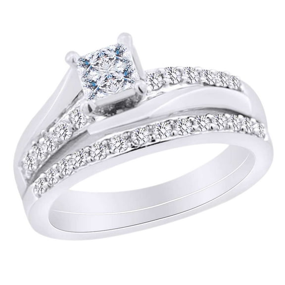 AFFY Princess & Round Shape White Natural Diamond Women's Bridal Ring Set In 10k White Gold (0.50 cttw) Ring Size-4
