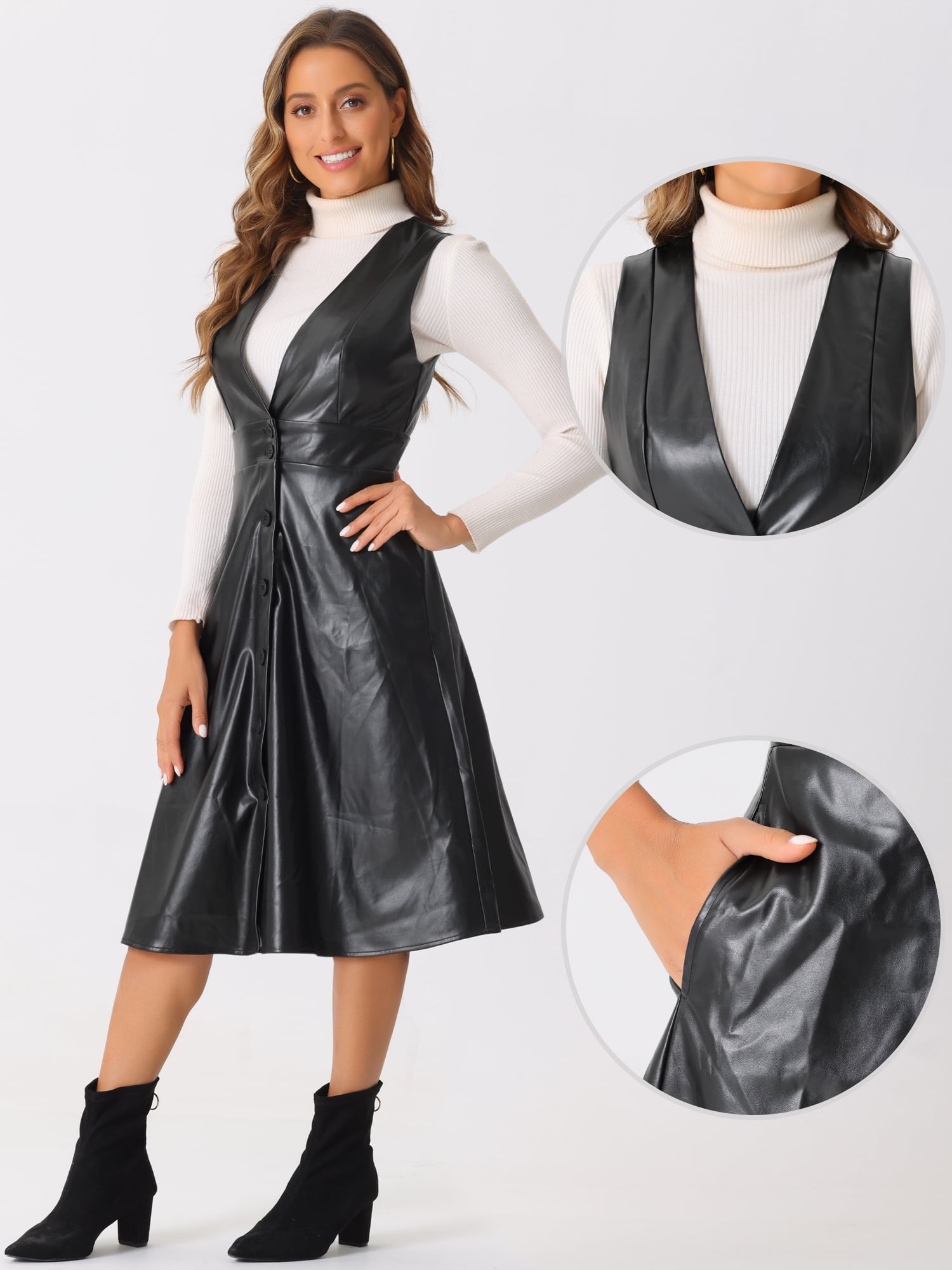 DARING DIVA Women's Faux Leather V Neck Button Down Midi Dress XS Black