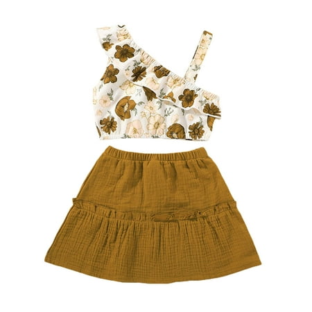 

EYIIYE Kids Girls Flowers Printed Tops A-line Short Skirt Summer Outfit Set