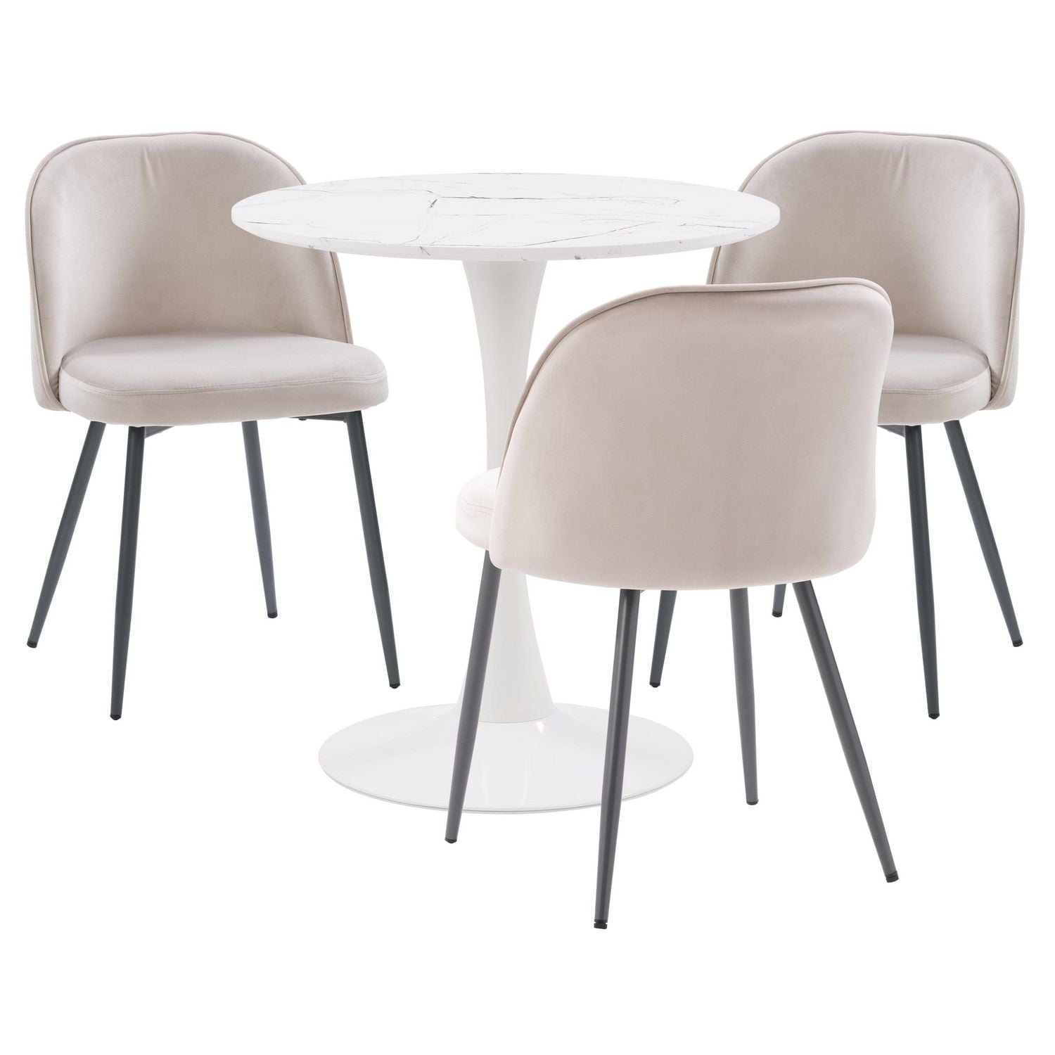 CorLiving Ivo 4-Piece Modern Round White Marbled Pedestal Dining Table Set with Velvet Upholstered Chairs for 3 - Compact 4-Piece Dining Table and Chairs - Table and Chairs Set for Apartments
