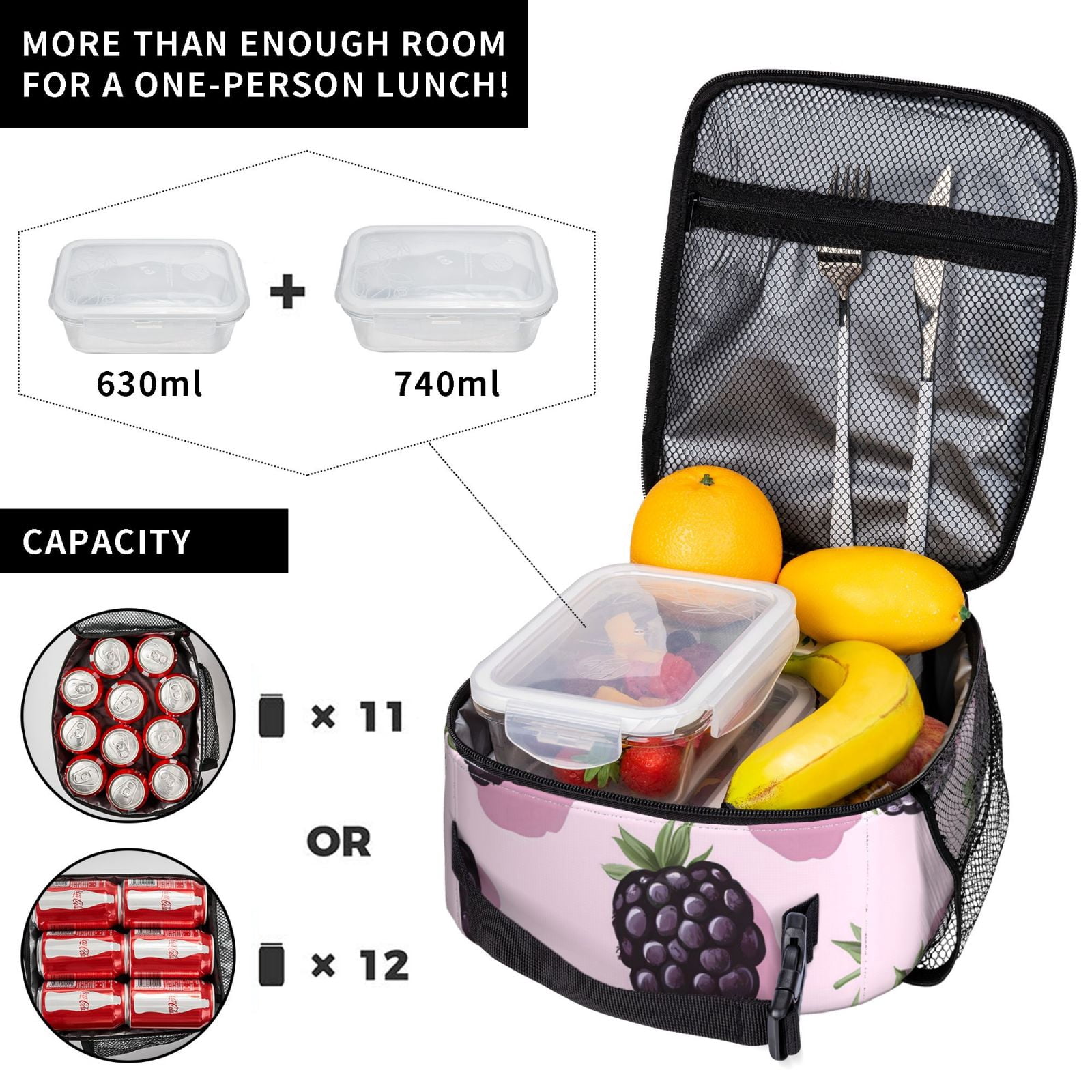 Lunch Bag For Women Men Insulated Portable Lunch Box Bento Box Office Picnic Travel Cooler Bag Blackberry
