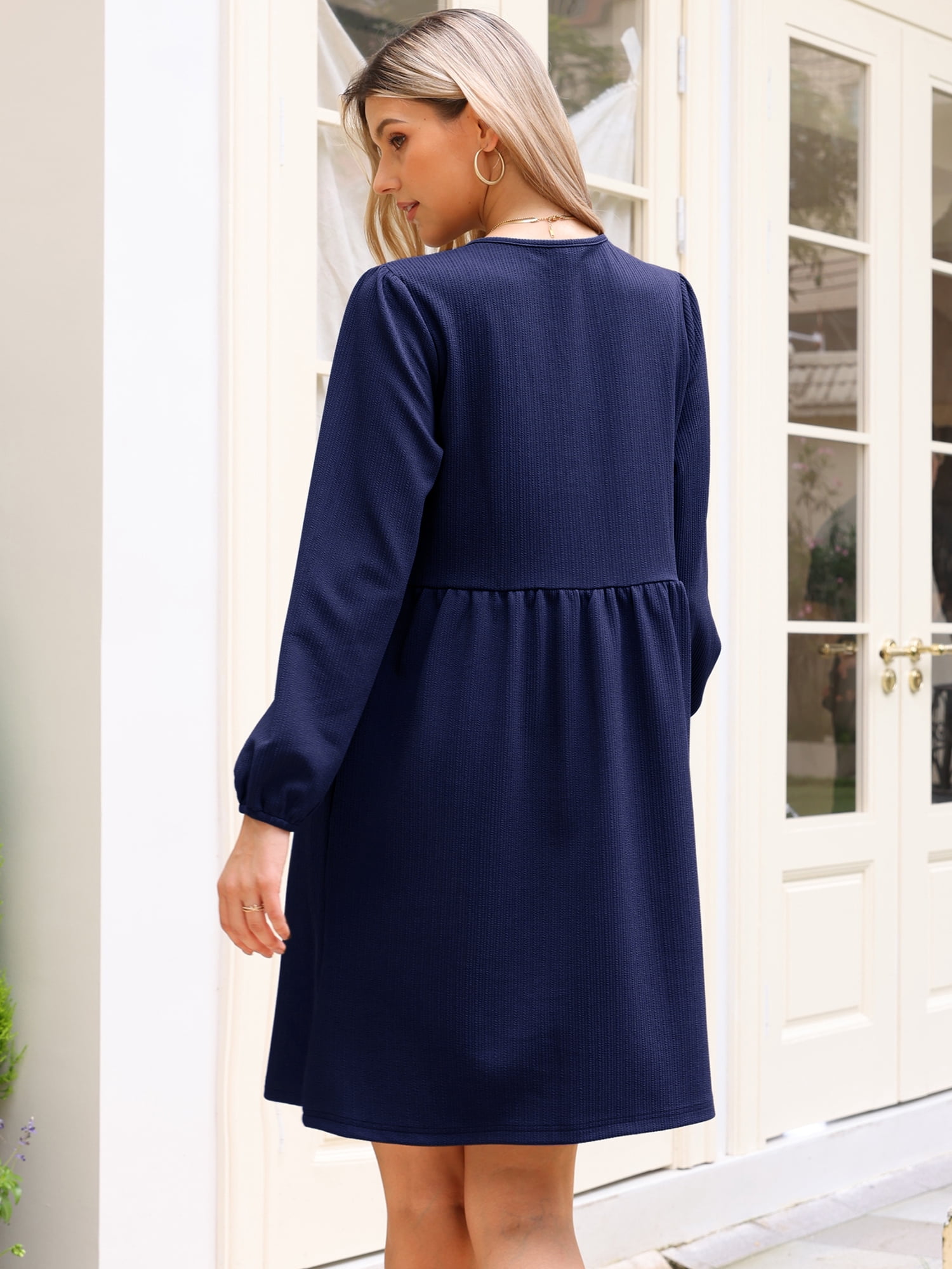 DARING DIVA Women's Fall Long Sleeve Bow Tie Front Cute Tunic Dress M Navy Blue