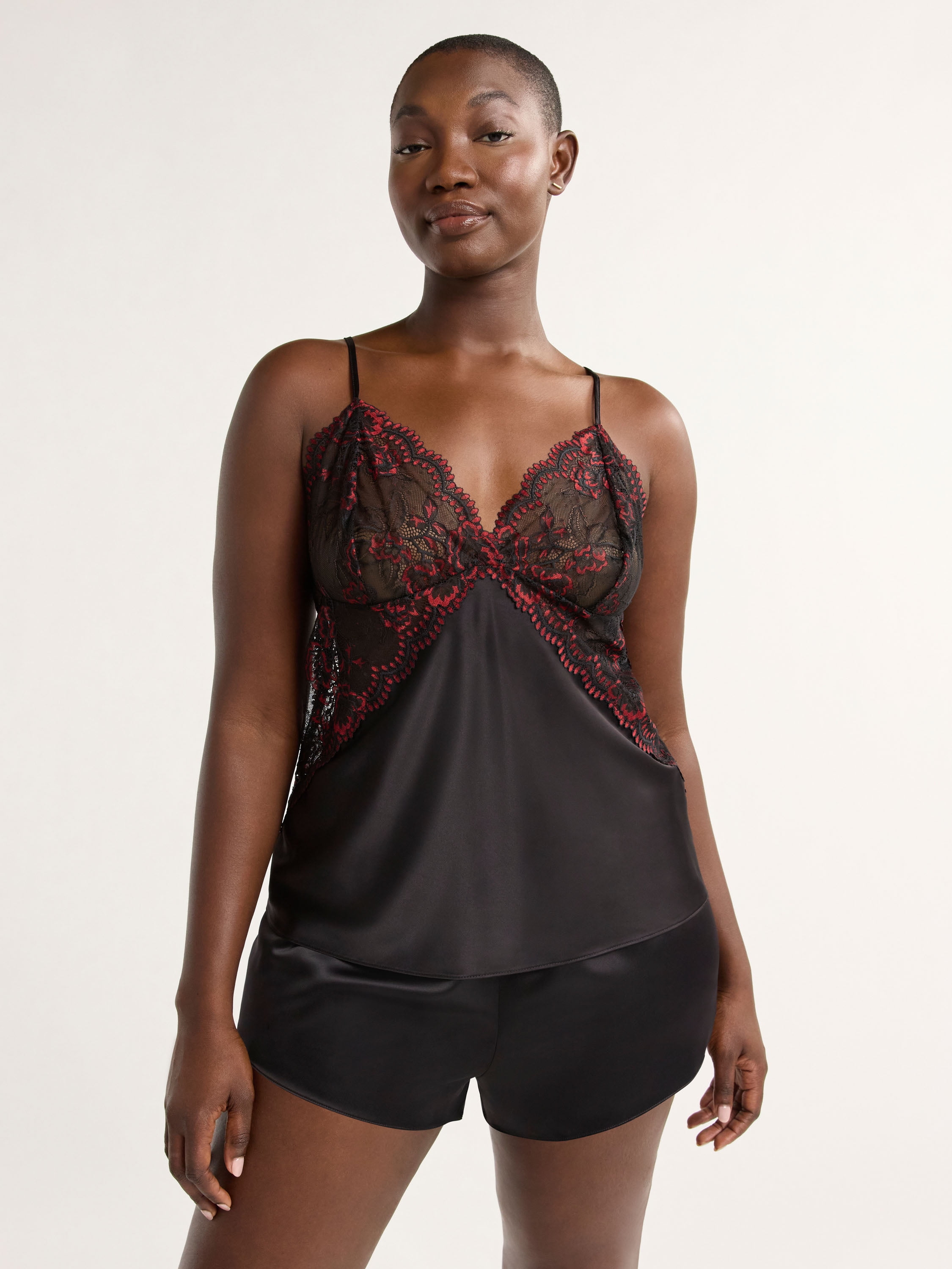 Joyspun Women’s and Women’s Plus Bridal Satin Cami and Shorts Set with Lace Trim, Sizes XS to 3X