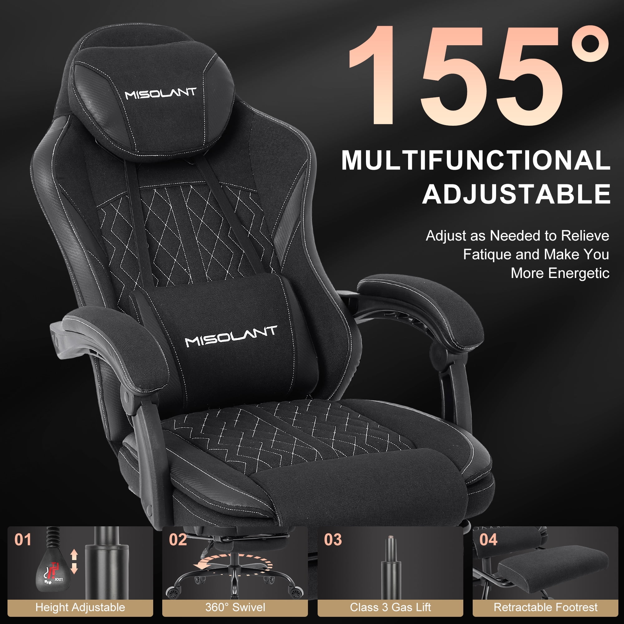 Misolant Gamer Chair with Footrest, Adjustable Headrest and Massage Lumbar Support, Black