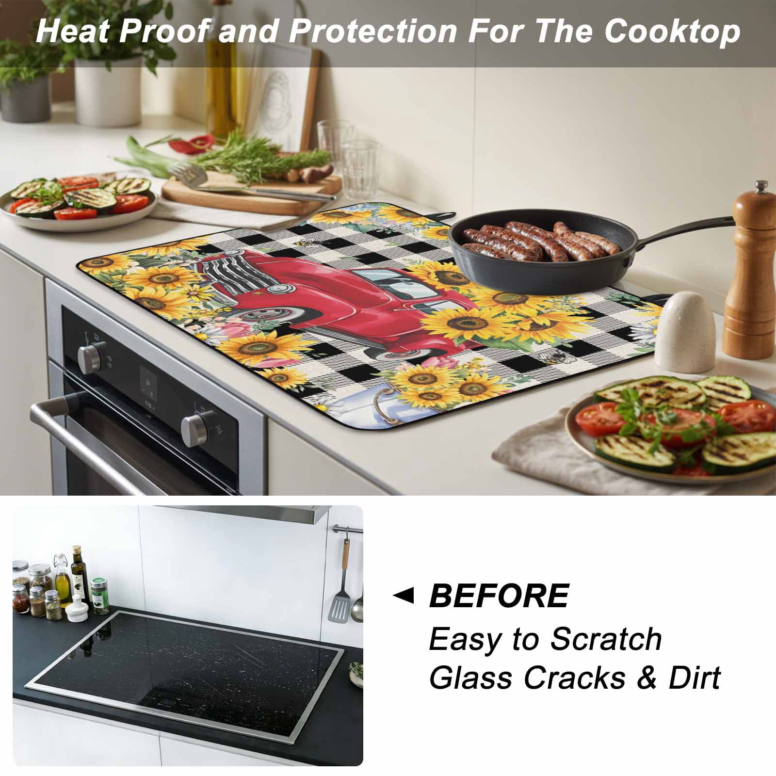 Spring Sunflowers Stove Top Cover for Electric Stove, Heat-proof & Non Slip Glass Top Stove Cover Protector, Car Farm Plaid Country Retro Art Kitchen Flat Cooktop Rubber Mat 31x24 Inches