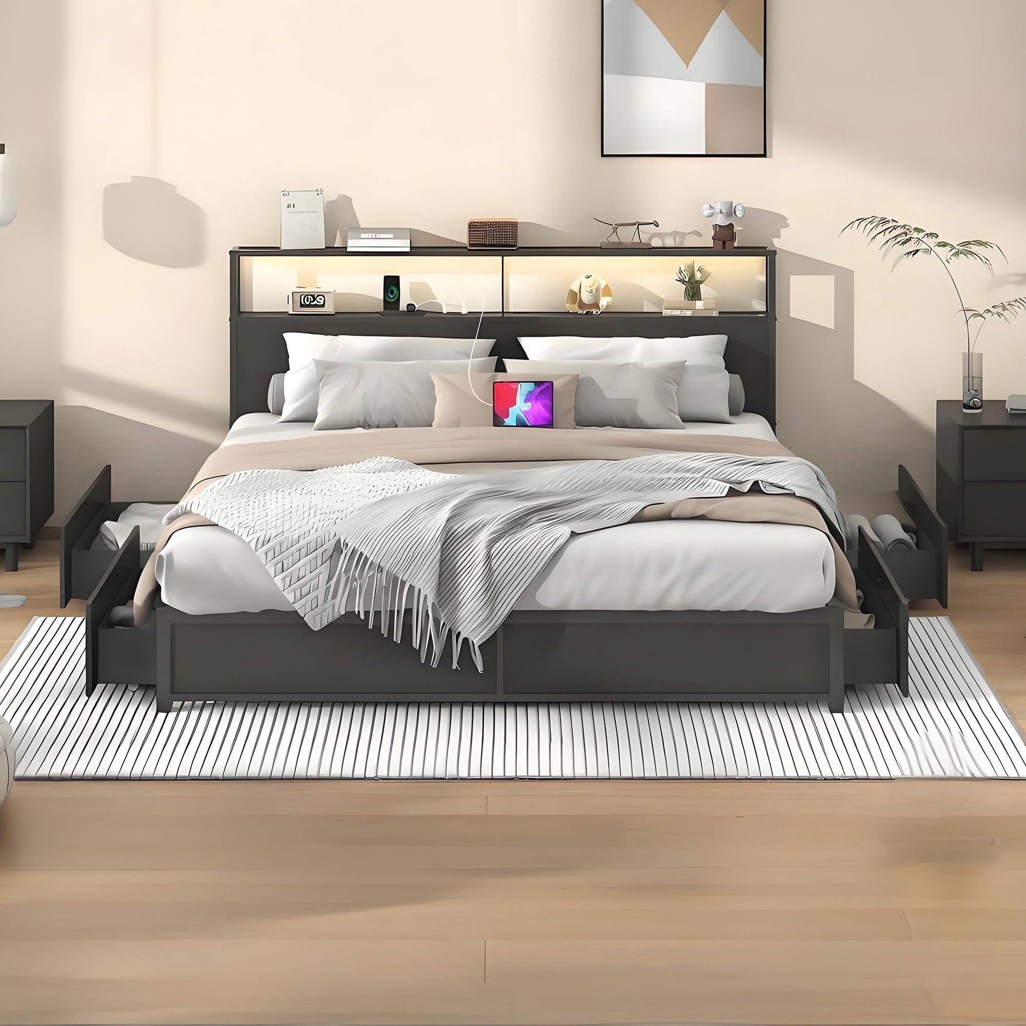 LED King Size Bed Frame with Storage Headboard & 4 Drawers, Industrial Metal Platform Bed with Power Charging Station & USB Ports