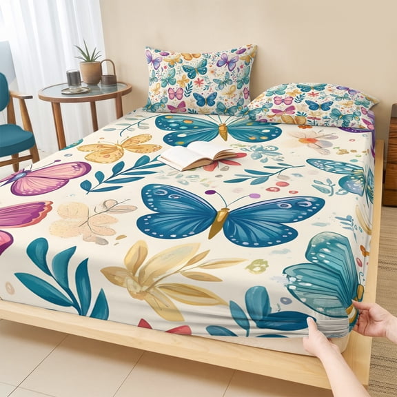 King Size Fitted Sheet Set - Spring Butterflies 3 Piece Bedding Sets 16" Deep Pocket Fitted Sheet with 2 Pillowcases, Summer Countryside Leaf Flowers Brushed Microfiber Hotel Luxury Bed Sheets