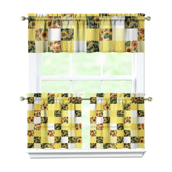 3 PCS Sunflower Kitchen Curtains Set with Valance - Boho Floral Farmhouse Tier Window Curtains 54x18 & 27.5x24 Inch, Rod Pocket Rustic Country Caf Curtains