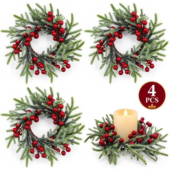 Christmas Candle Rings,Small Christmas Wreath with Red Berries and Frosted Pine for Candle Holders,Table and Holiday Decor,4 Pcs