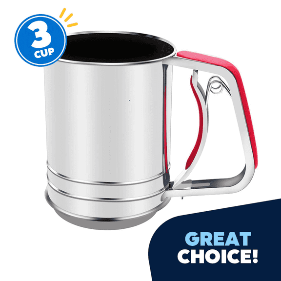 JEEXI Stainless Steel Flour Sifter with Soft Grip Handle, 3 Cup Capacity, Double Layer Fine Mesh for Sifting Flour, Sugar, and Coffee Powder, Durable Kitchen Gadget Tool for Baking and Pastry