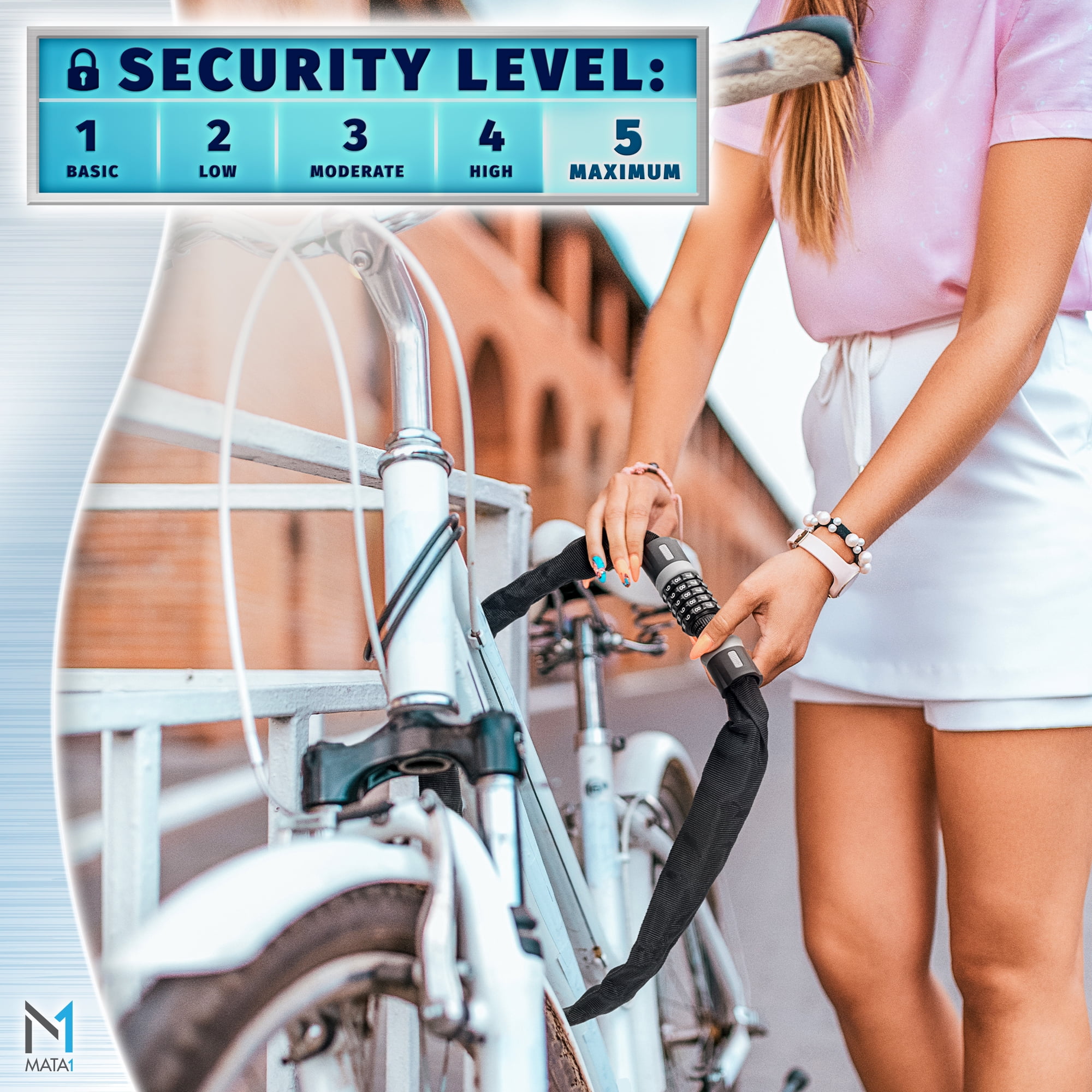 Mata1 Combo Bike Chain Lock, Strong Anti-Theft with 5-Digit Code