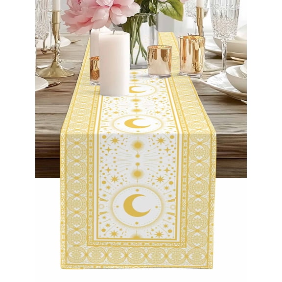 Table Runner Yellow Stars Moon Table Runners Boho Gorgeous Geometric Cotton Linen Dresser Scarf Kitchen Dining Table Decor for Home Dinner Party Decor 13x72 Inch