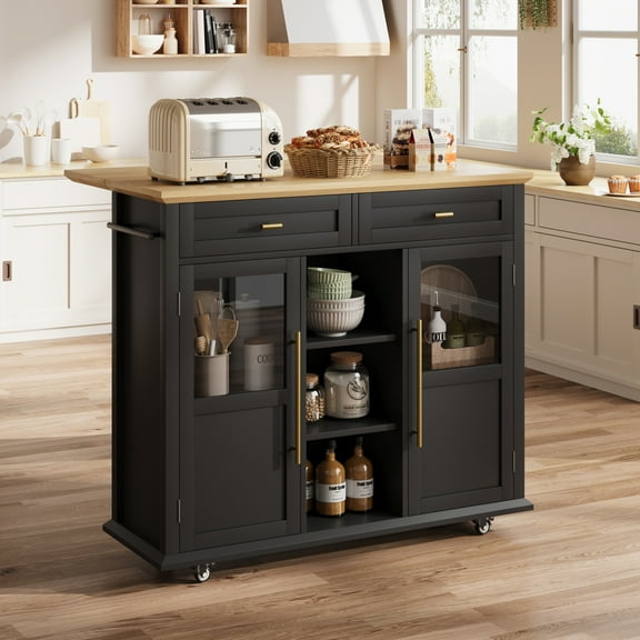 41" Mobile Farmhouse Storage Island,Rolling Kitchen Island with Drop Leaf - with 2 Glass Door Cabinets, 3 Open Shelves & 2 Drawers for Dining Room