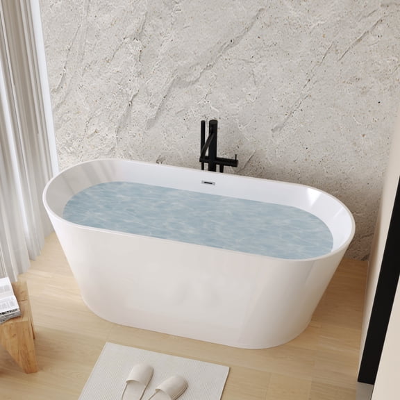 TICOZE 59" Acrylic Freestanding Bathtub, Stand Alone Soaking Tub, Glossy White Acrylic, Toe-tap Chrome Drain