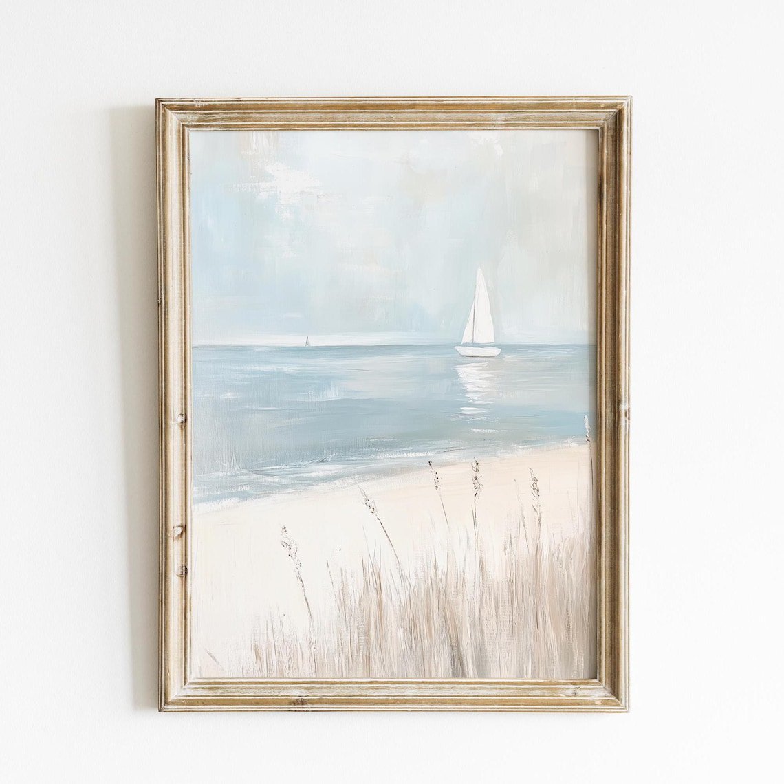 Vintage Coastal Sailboat Wall Art Neutral Ocean Beach Serene Nautical Decor Soft Blue