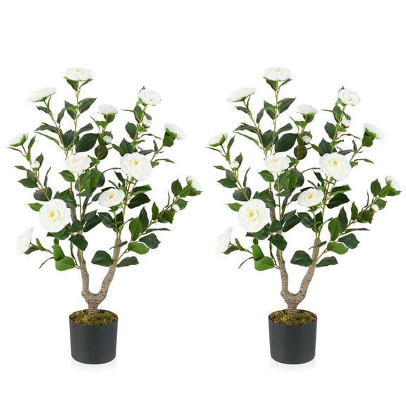Topcobe 36 Inch Artificial Camellia Tree with Blooming Flower 2 Pack White, Artificial Trees for Home Decor Indoor Outdoor