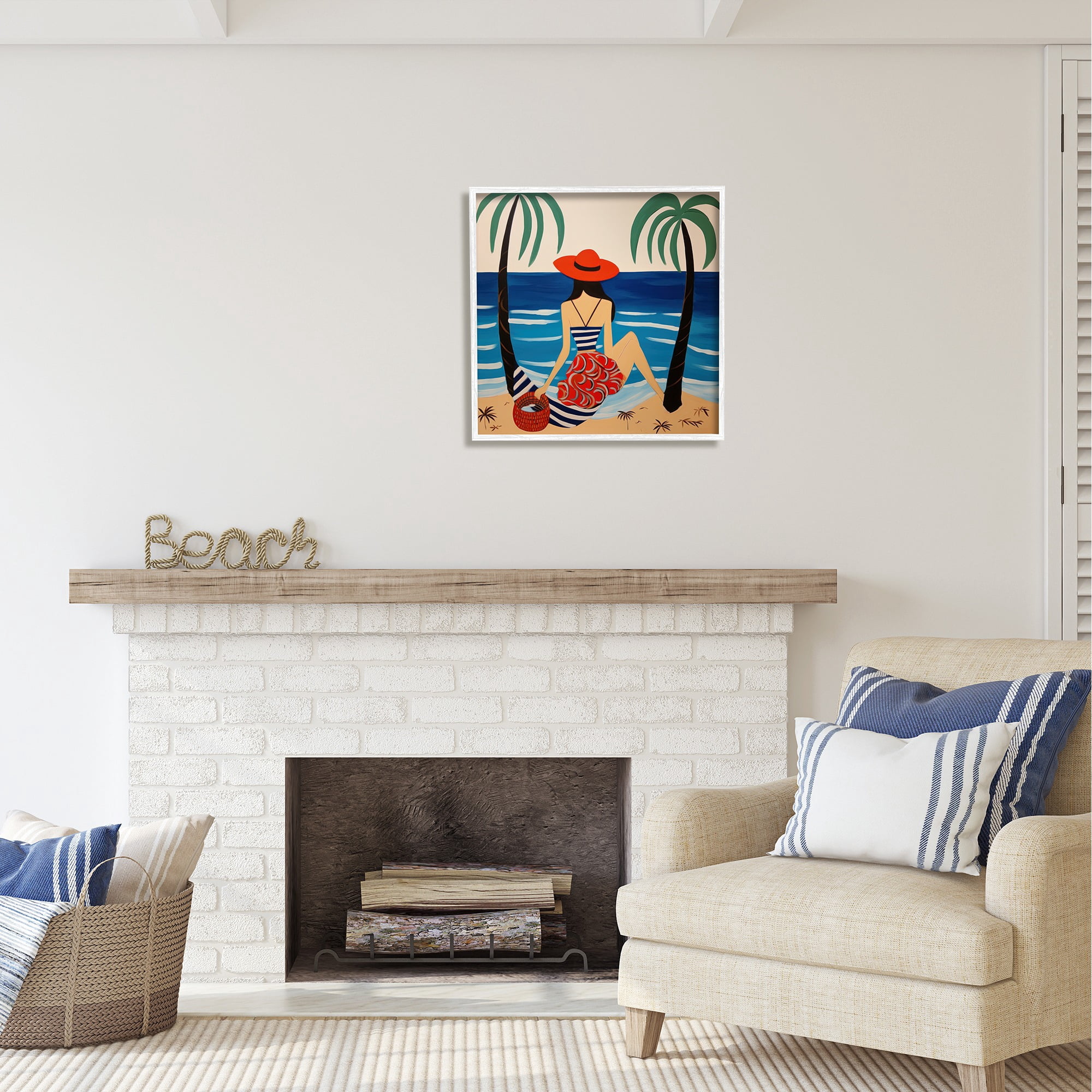 Stupell Industries Modern Woman on Shore Landscape Painting White Framed Art Print Wall Art, 24 x 24