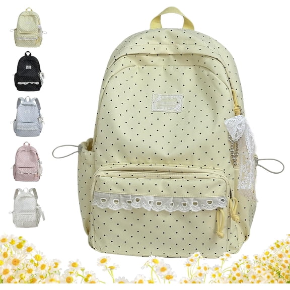 Cute Lace Backpack, Coquette Aesthetic Polka Dot Backpack | Kawaii Backpack for Women, Large Laptop Daypack Kawaii Supplie with Bow Accessories(Yellow)