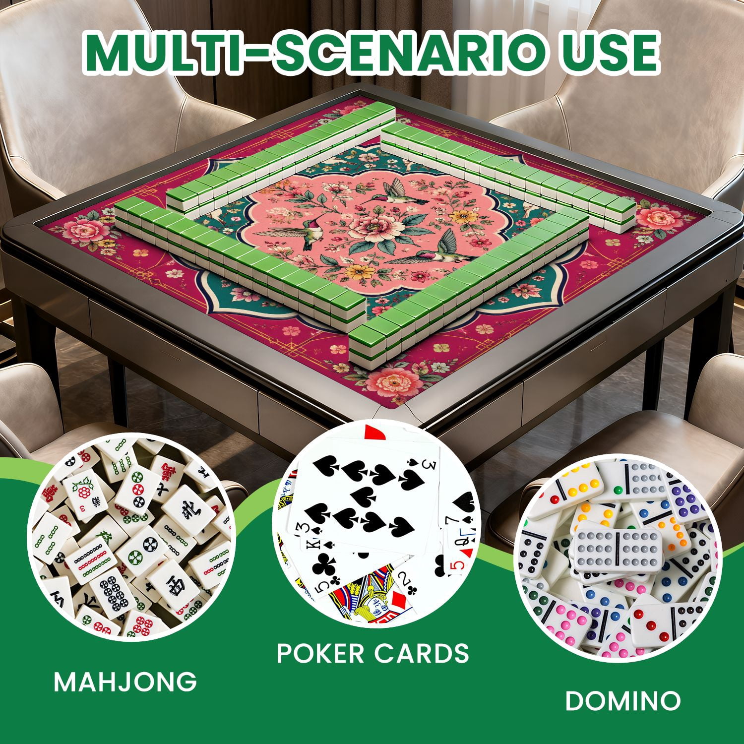Mahjong Mat 31.5" x 31.5" Floral Bird Pink Green Non-Slip Noise Reduction Mahjong Tiles Table Cover for Dominoes Poker Card Board and Tile Games