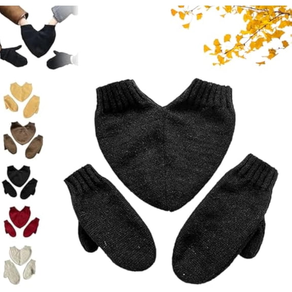 Couples Hand Holding Heart Mittens Set, Winter Warm Knitted Mittens, Love Holding Hands Knitted Gloves for Lovers (Black)
